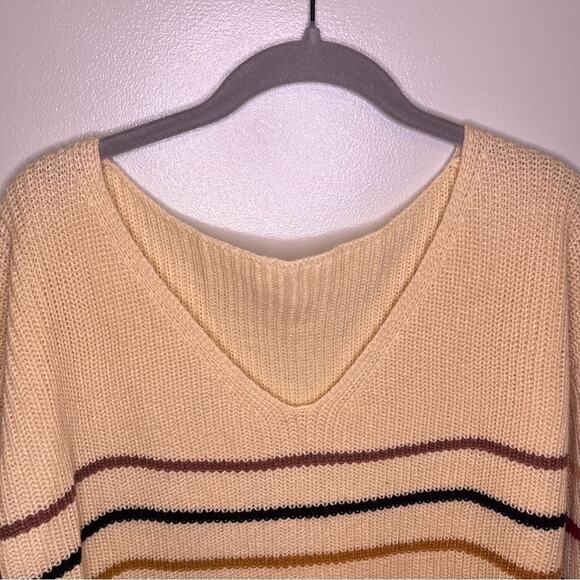 NWOT Amazon V Neck Cream Multicolor Striped Long Sleeve Acrylic Sweater Small - Picture 3 of 6